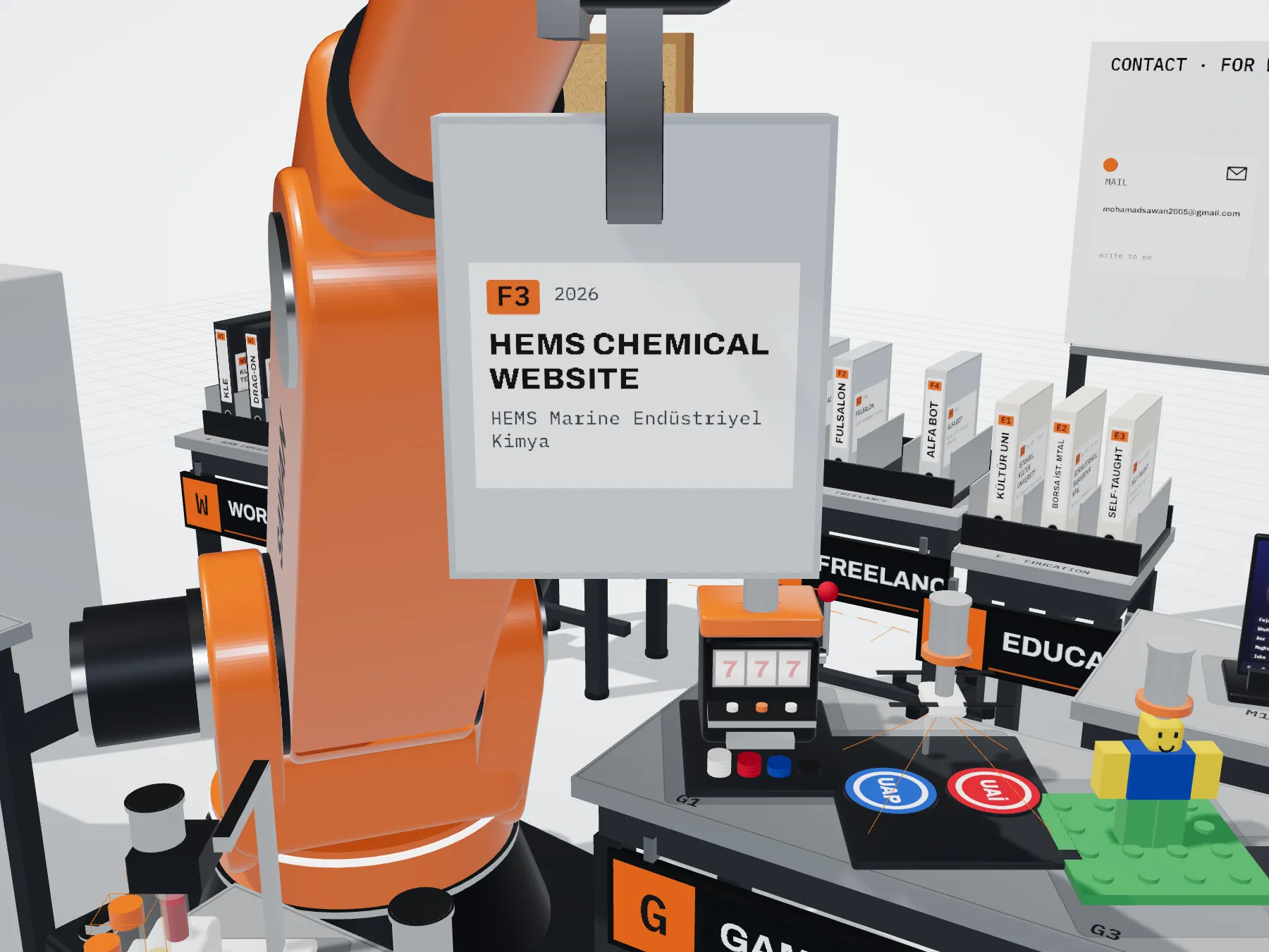 Scale model of the hems chemical website in the arm's gripper