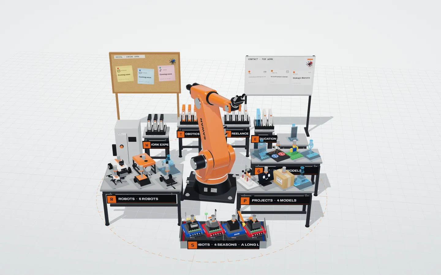 An orange six-axis industrial robot arm in a ring of stations: robots, projects, file racks of binders and a phone dock.